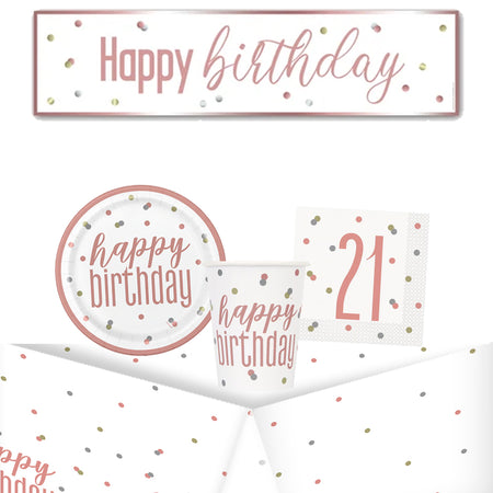 21st Birthday Rose Gold Glitz Tableware Pack for 8 with FREE Banner!