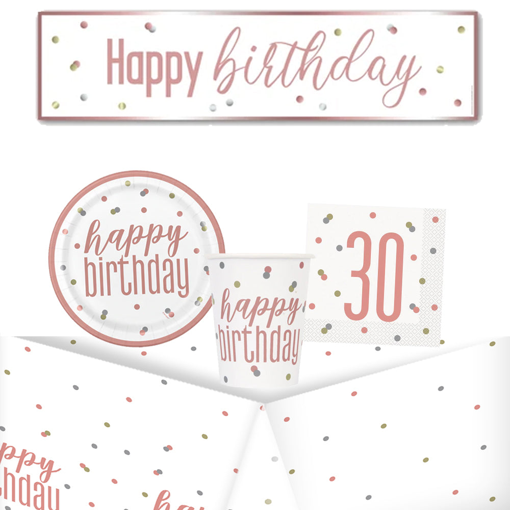 30th Birthday Rose Gold Glitz Tableware Pack for 8 with FREE Banner!