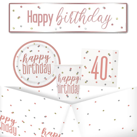 40th Birthday Rose Gold Glitz Tableware Pack for 8 with FREE Banner!