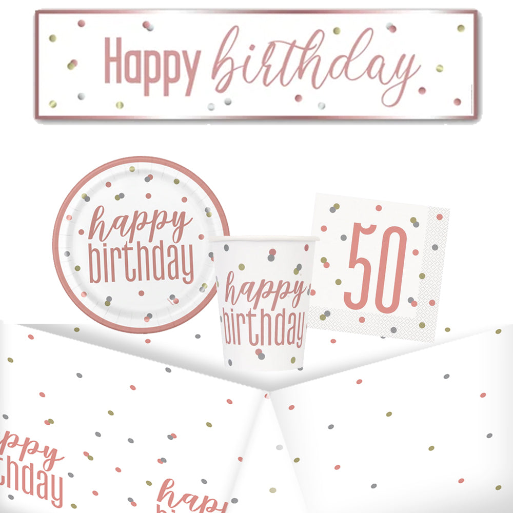 50th Birthday Rose Gold Glitz Tableware Pack for 8 with FREE Banner!