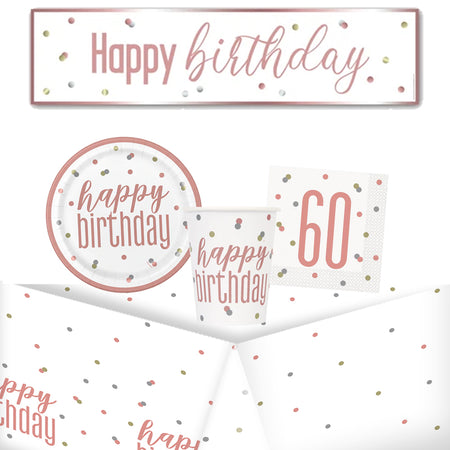 60th Birthday Rose Gold Glitz Tableware Pack for 8 with FREE Banner!