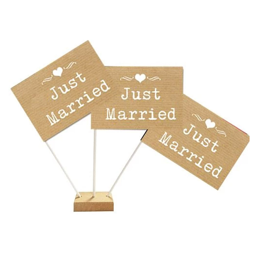 Brown Paper Rustic 'Just Married' Flags 6" on 10" Pole
