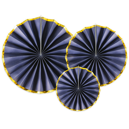 Navy and Gold Hanging Tissue Paper Fan Decorations - Pack of 3