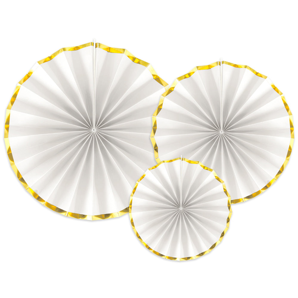 White and Gold Hanging Tissue Paper Fan Decorations - Pack of 3