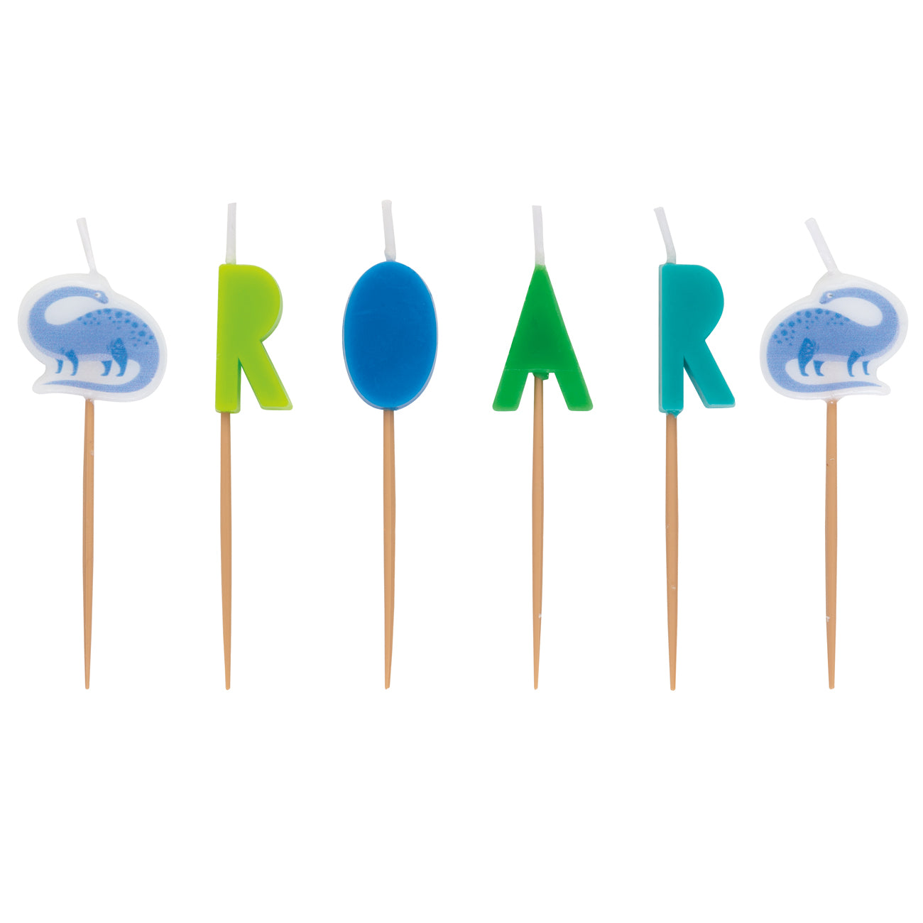 Blue and Green Dinosaur 'Roar' Party Pick Cake Candles - Pack of 6
