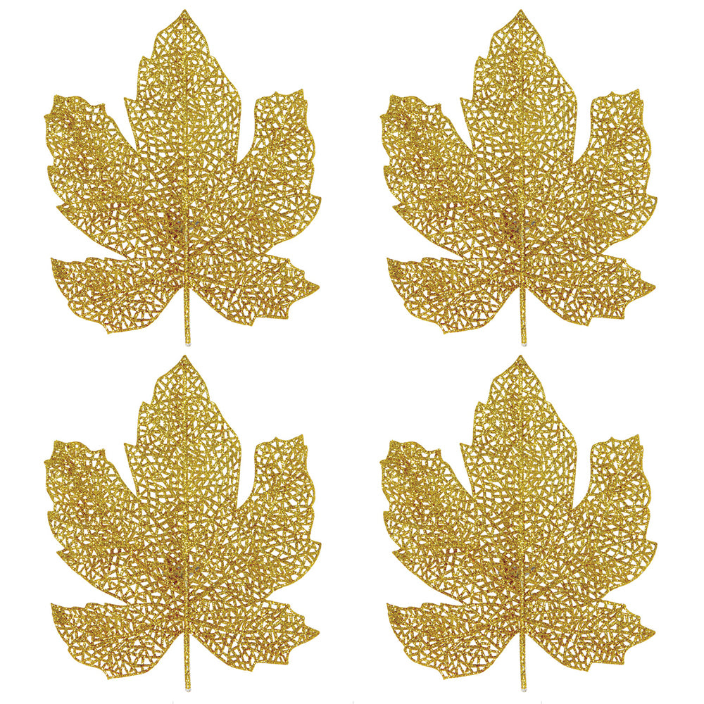 Gold Glittered Autumn Fall Leaf Decorations - 17cm - Pack of 4