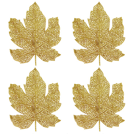 Gold Glittered Autumn Fall Leaf Decorations - 17cm - Pack of 4