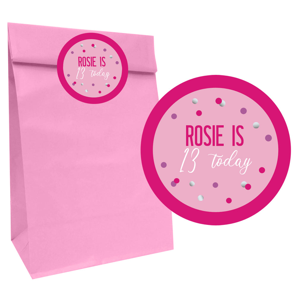 Glitz Pink Party Bags with Personalised Round Stickers - Pack of 12