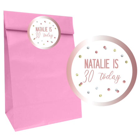 Glitz Rose Gold Party Bags with Personalised Round Stickers - Pack of 12