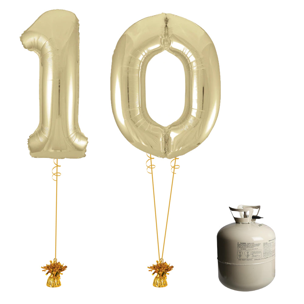 Gold Foil Number '10' Balloon & Helium Canister Decoration Party Pack