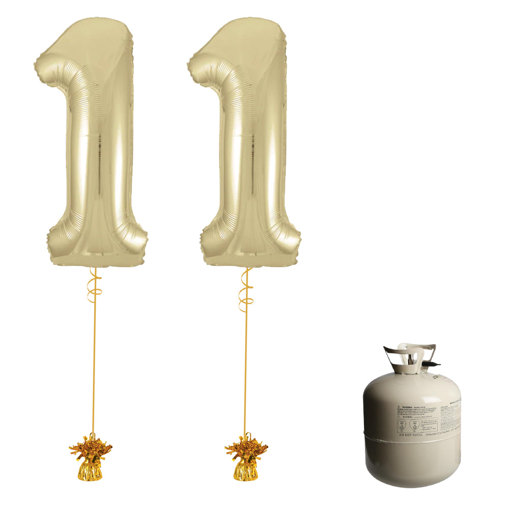 Gold Foil Number '11' Balloon & Helium Canister Decoration Party Pack