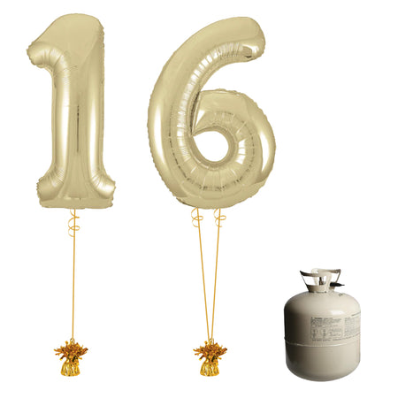 Gold Foil Number '16' Balloon & Helium Canister Decoration Party Pack