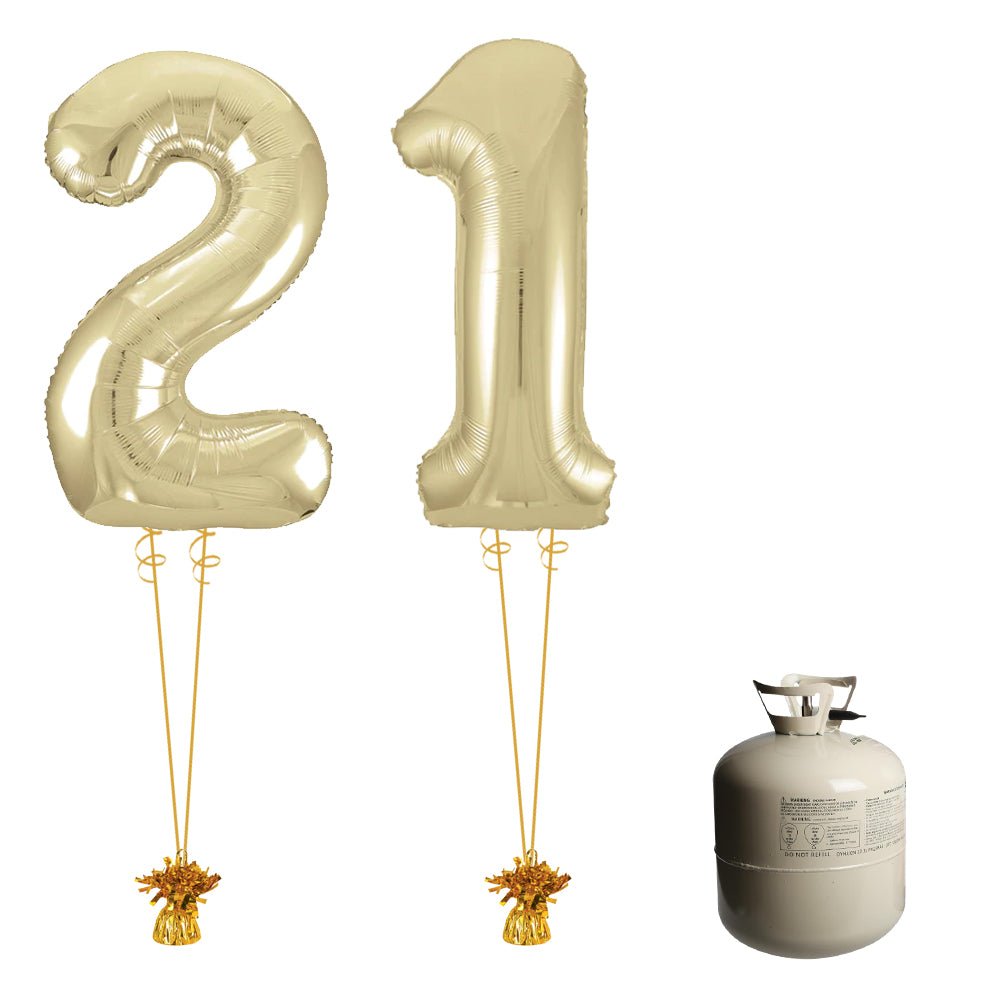 Gold Foil Number '21' Balloon & Helium Canister Decoration Party Pack