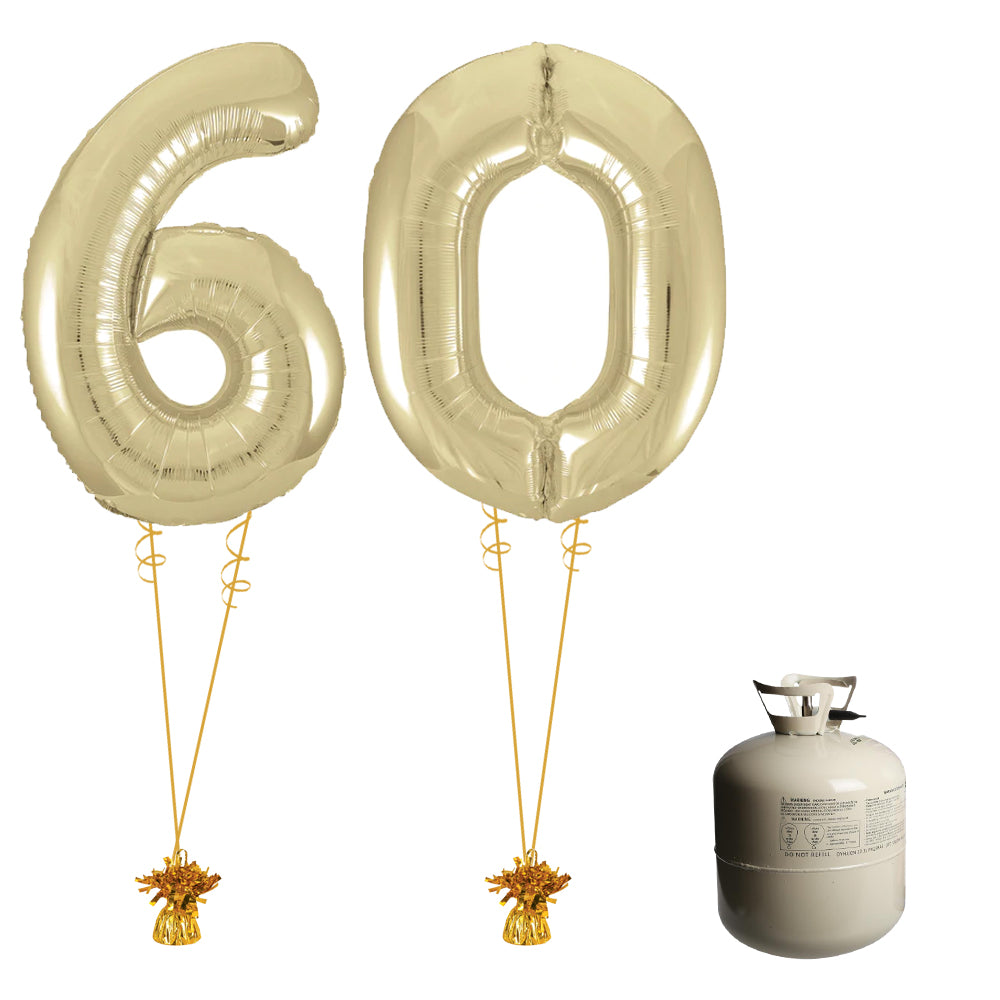 Gold Foil Number '60' Balloon & Helium Canister Decoration Party Pack
