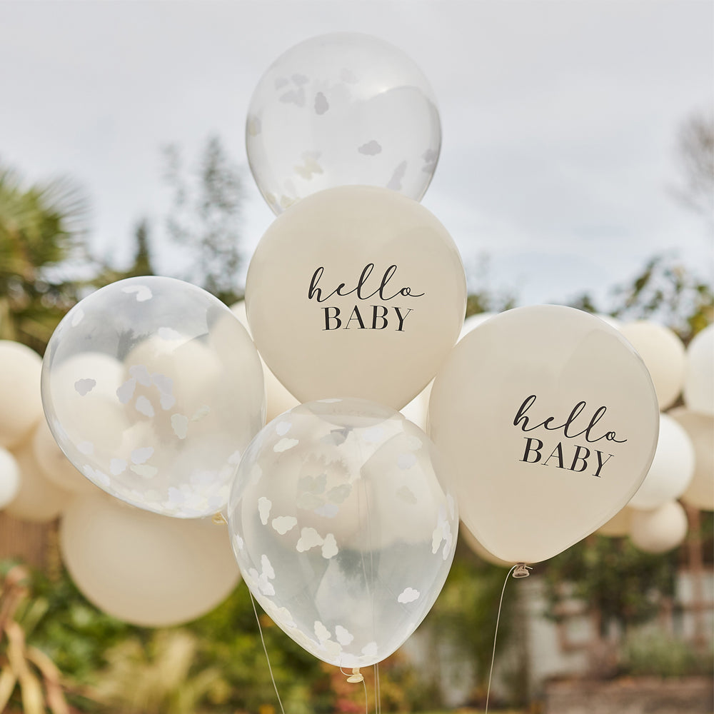 Hello Baby Taupe and Cloud Confetti Baby Shower Balloons - Pack of 5