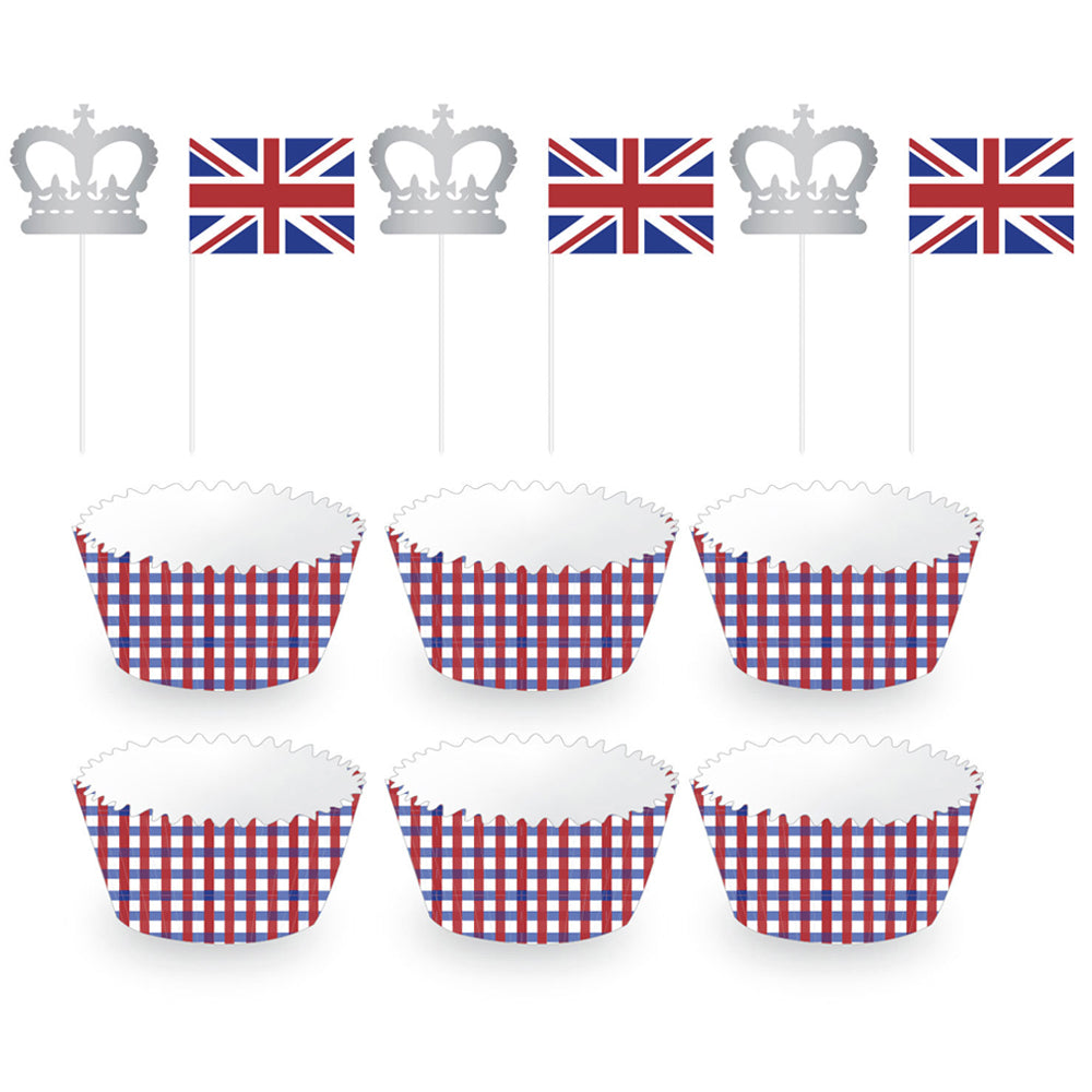 Coronation Crowns Union Jack Cupcake Kit With Picks - Pack of 24