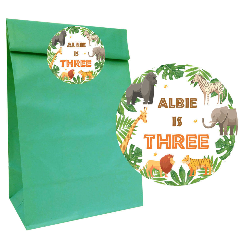 Jungle Animals Party Bags with Personalised Round Stickers - Pack of 12