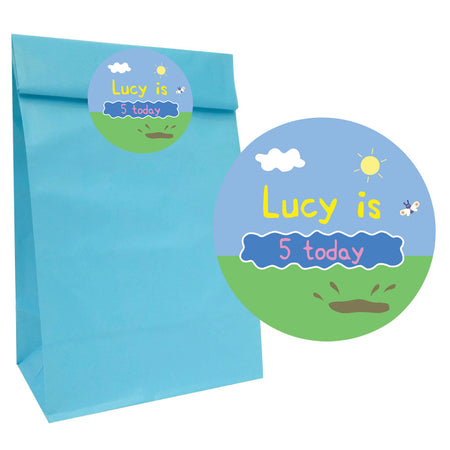 Muddy Pig Party Bags with Personalised Round Stickers - Pack of 12