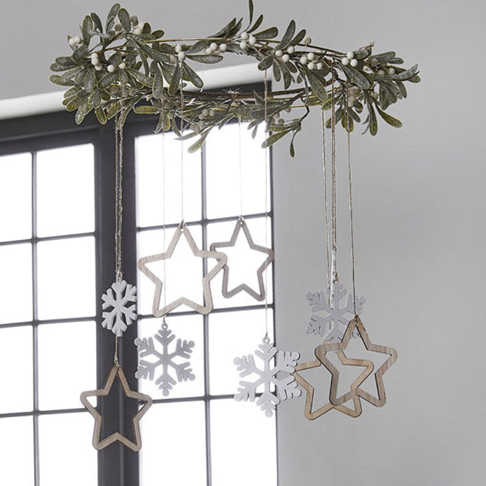 Gold Hanging Hoop Decoration with Mistletoe and Wooden Hanging Snowflakes and Stars