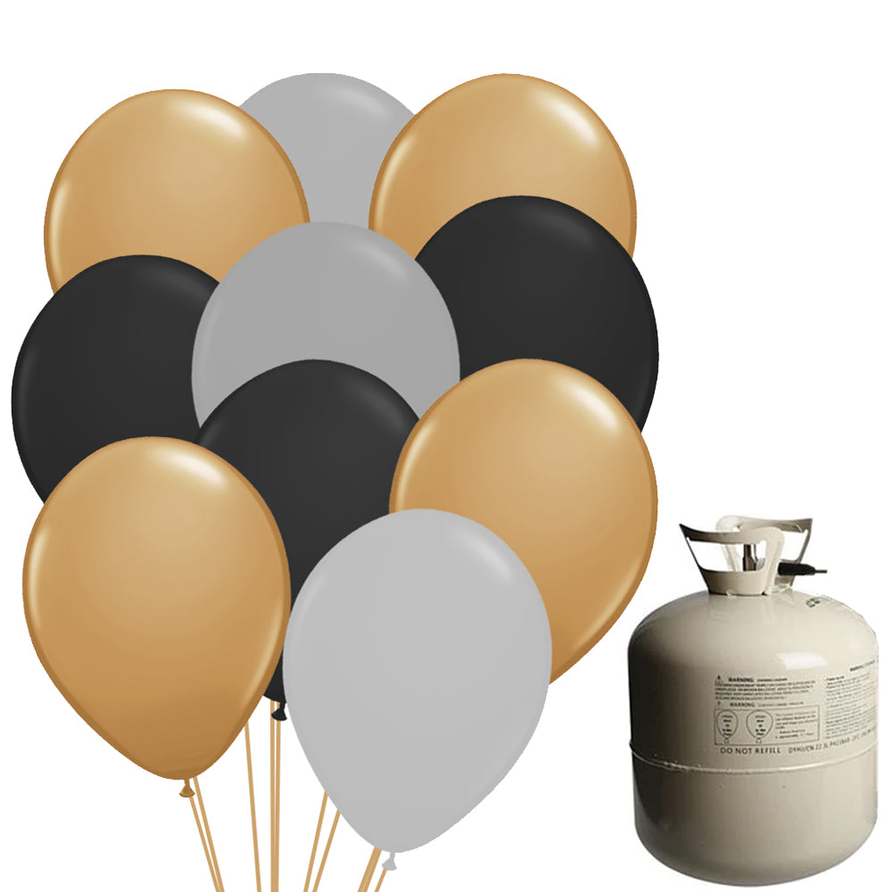 Black, Gold and and Silver 12" Latex Balloons & Helium Canister Kit - 24 Balloons