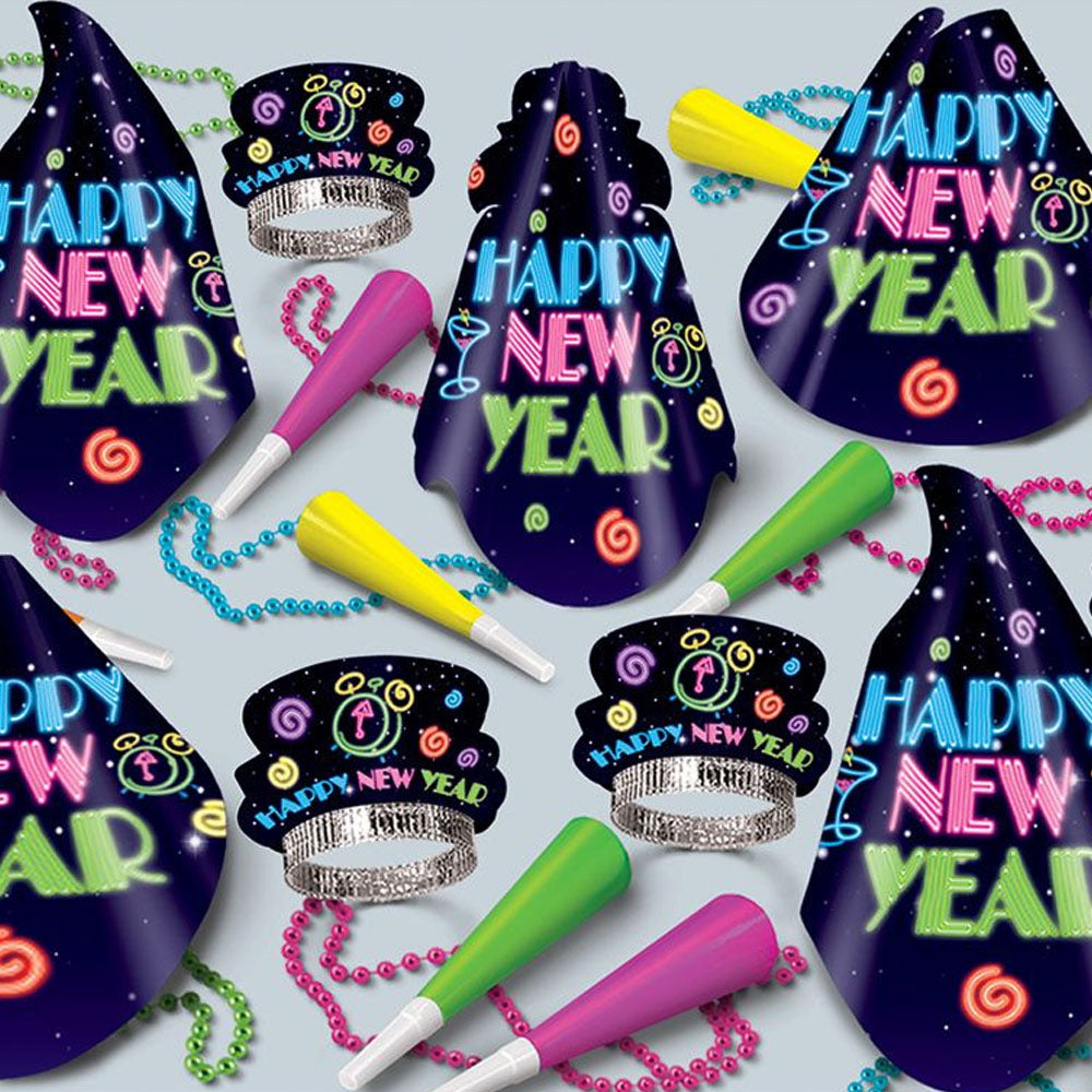 Neon Midnight New Year Hat & Novelty Party Pack - For 50 People