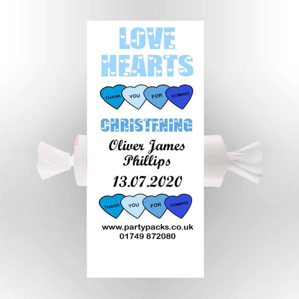 Personalised Love Hearts- Blue Christening- Pack of 30