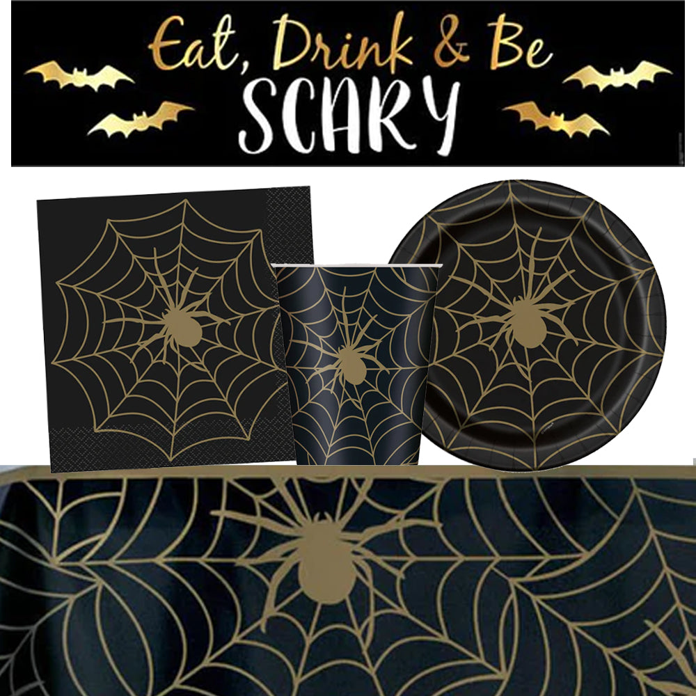 Halloween Gold and Black Spider Web Tableware Pack for 8 with FREE Banner!