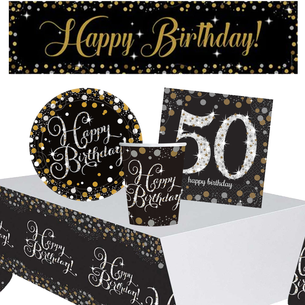 Gold Celebration 50th Birthday Tableware Party Pack for 8 with FREE Banner!