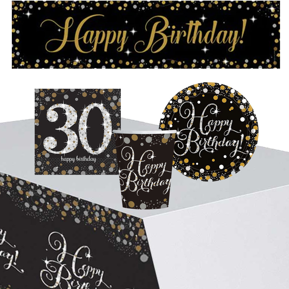 Gold Celebration 30th Birthday Tableware Party Pack - For 8 People with FREE Banner!