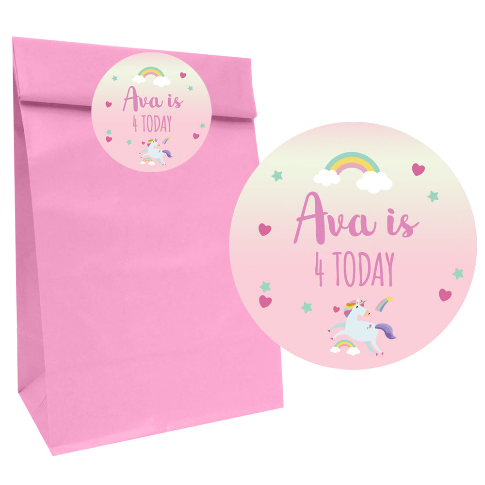 Pink Unicorn Paper Party Bags with Personalised Stickers - Pack of 12