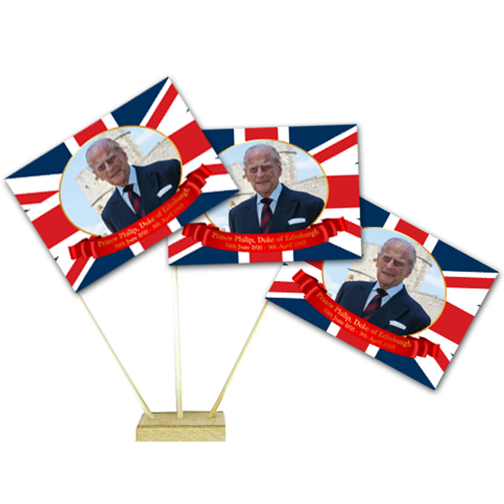Prince Philip, Duke of Edinburgh, Commemorative Paper Table Flags 15cm on 30cm Pole