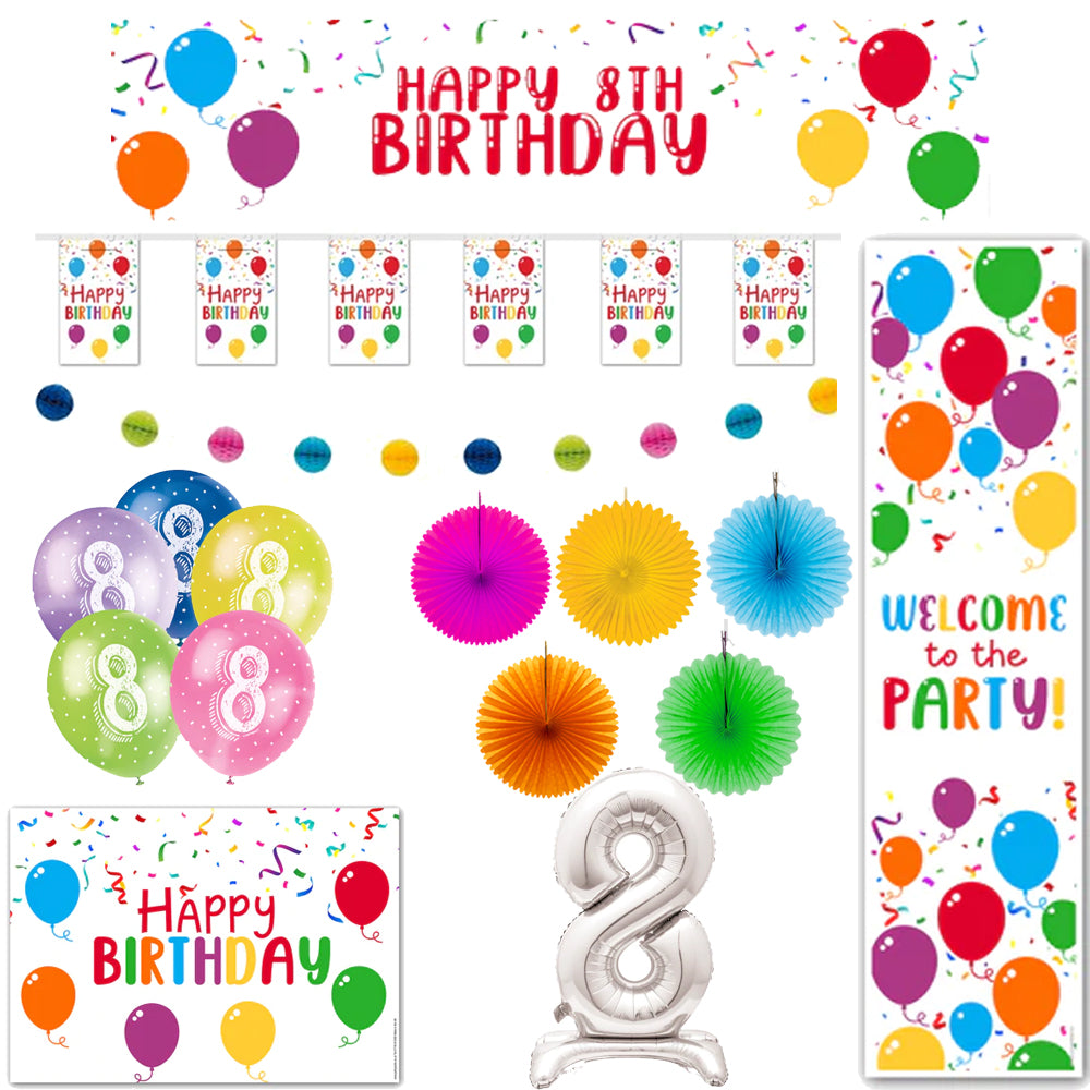 Rainbow Balloons Happy 8th Birthday Decoration Pack