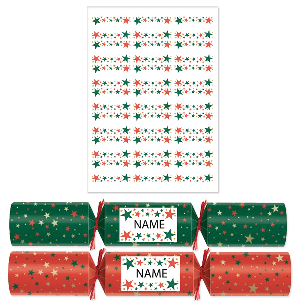 Christmas Cracker Name Stickers - Red & Green Star - Sheet of 21