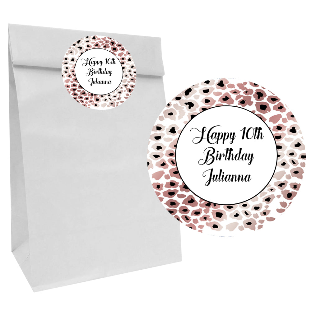 Rose Gold Leopard Print Party Bags with Personalised Stickers - Pack of 12