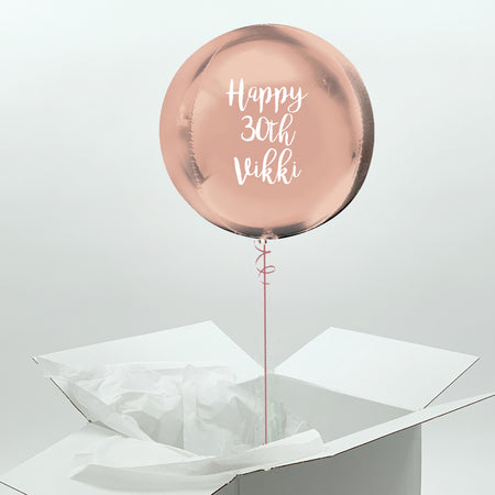 Helium Inflated Rose Gold Orb Balloon with Personalised Text