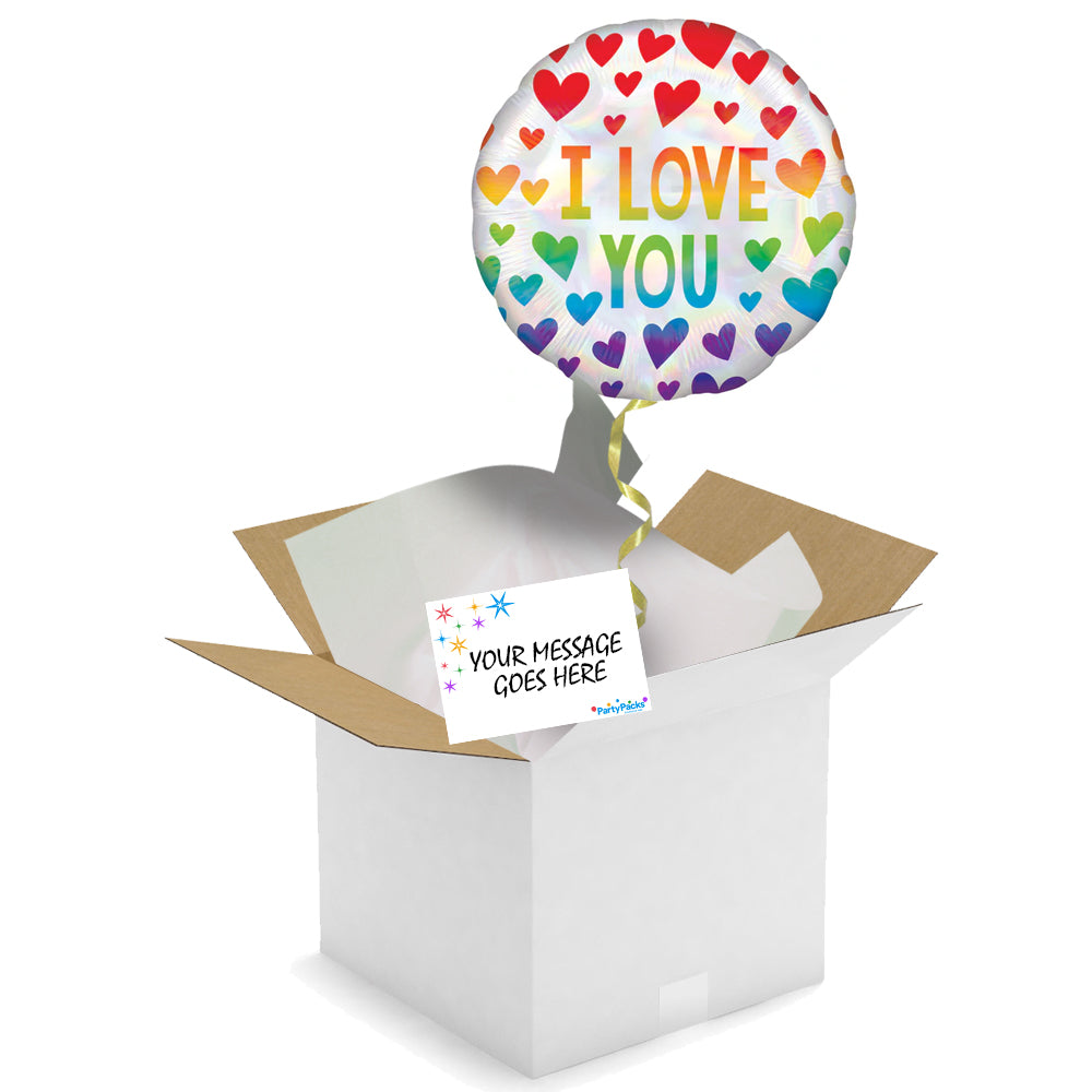 Balloon In A Box - 'I Love You' Rainbow Hearts Foil Balloon - 18"
