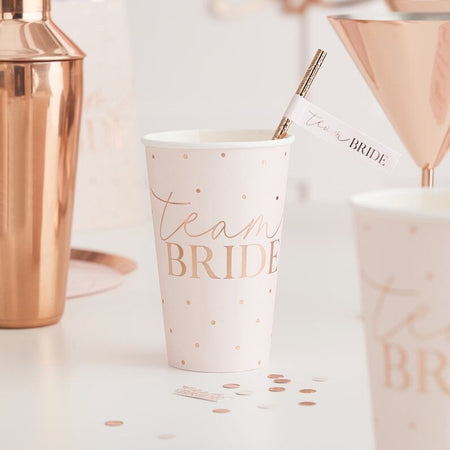 Large Pink and Rose Gold Team Bride 16oz Cups- Pack of 8