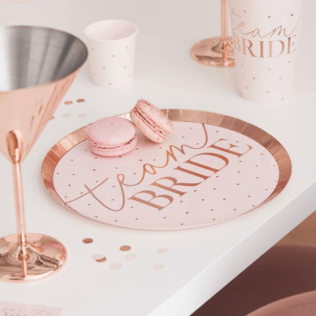 Pink & Rose Gold Team Bride Plates - 25cm - Pack of 8