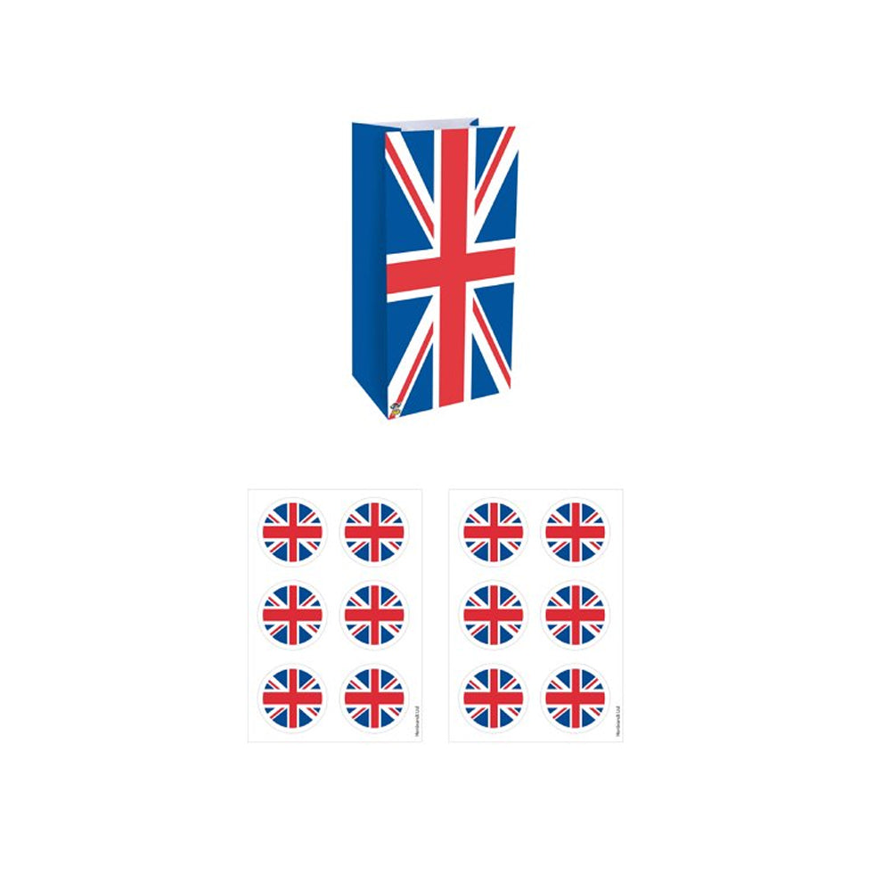 Union Jack Paper Party Bags with Stickers - Pack of 12
