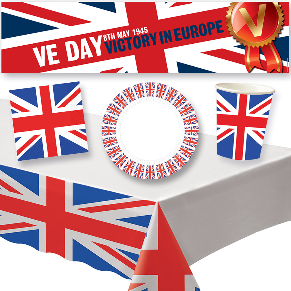 VE Day Union Jack Tableware Pack for 8 - With FREE Banner!