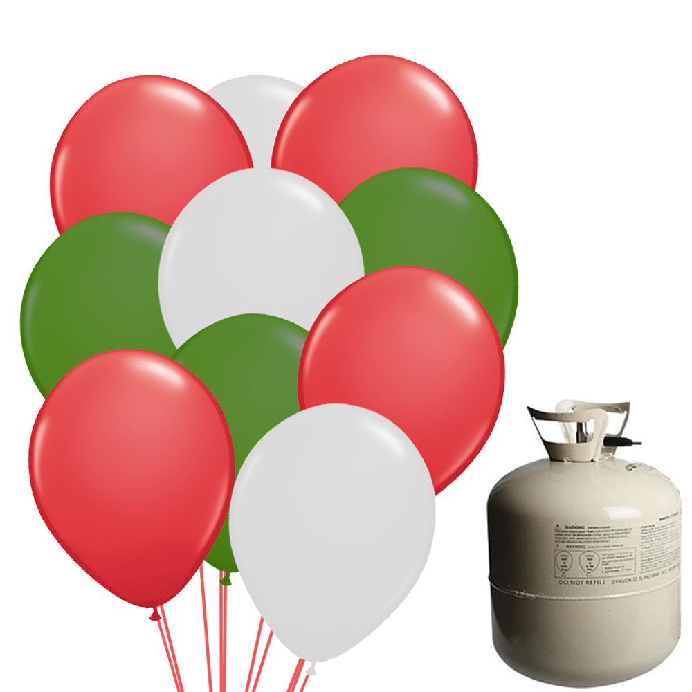 Christmas Red, White and Green 12" Latex Balloons & Helium Canister Kit - 24 Balloons