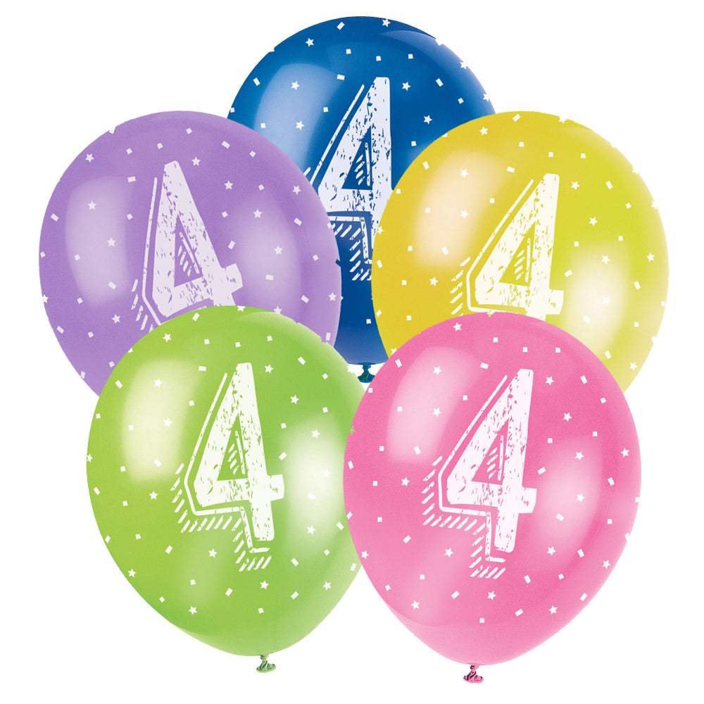 4th Birthday Latex Balloons 11" - Assorted - Pack of 5