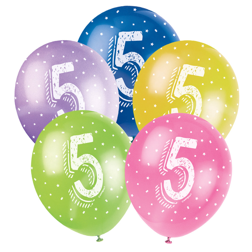 5th Birthday Latex Balloons - Assorted - 12" - Pack of 5