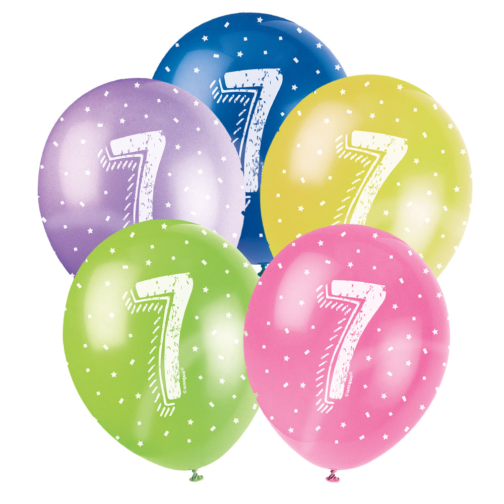 7th Birthday Latex Balloons - 11" - Assorted - Pack of 5