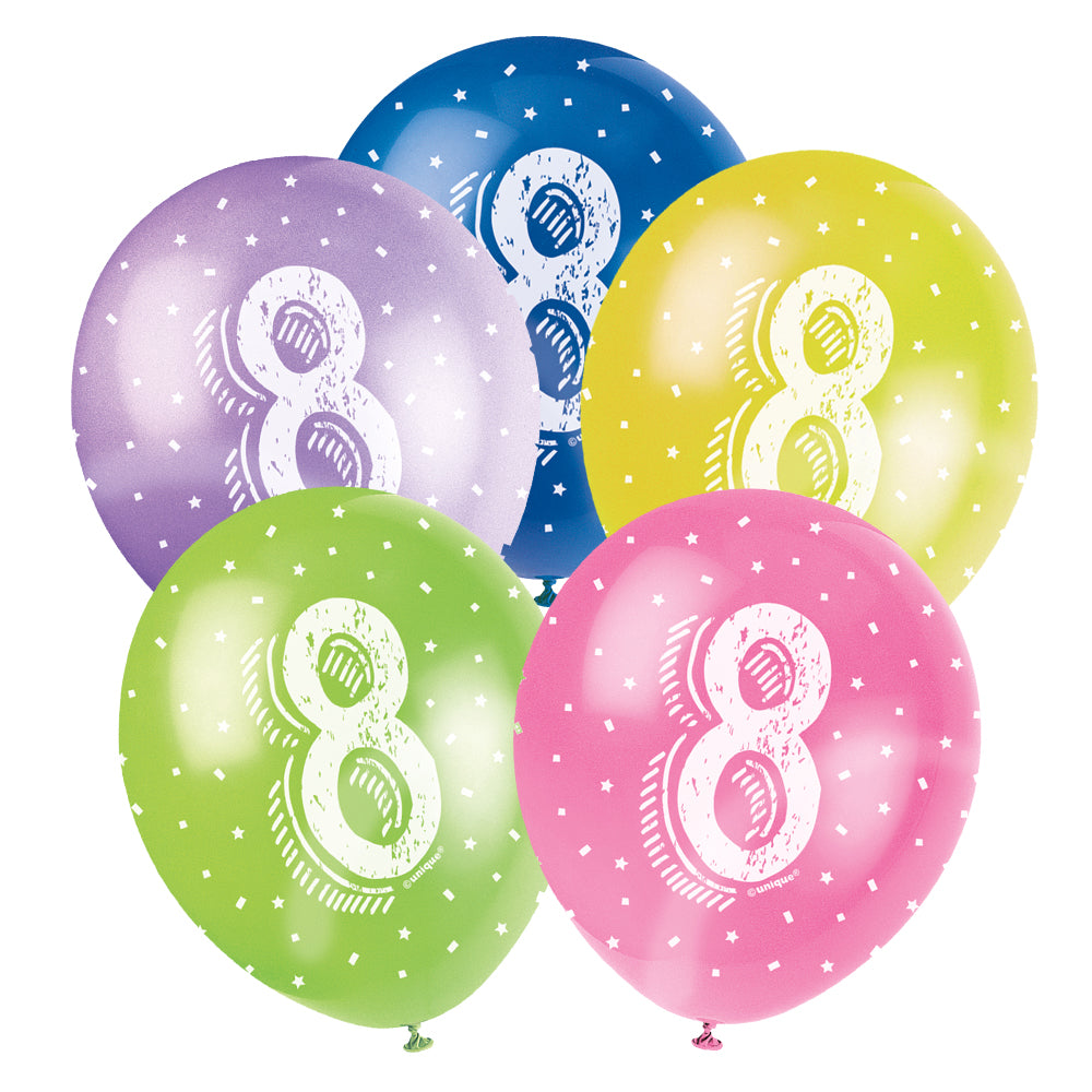 8th Birthday Latex Balloons - Assorted - 11" - Pack of 5