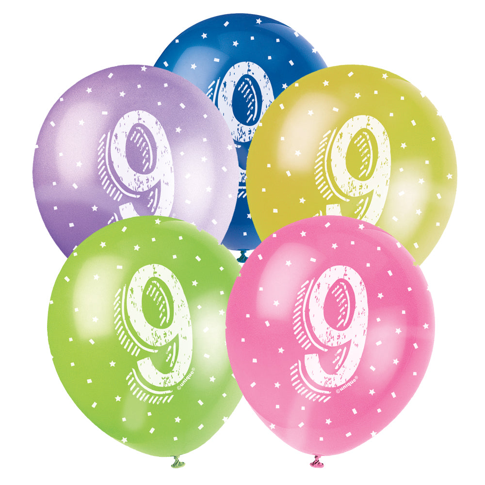9th Birthday Latex Balloons 11" - Assorted - Pack of 5