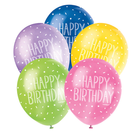 Happy Birthday Latex Balloons - Assorted Colours - 12