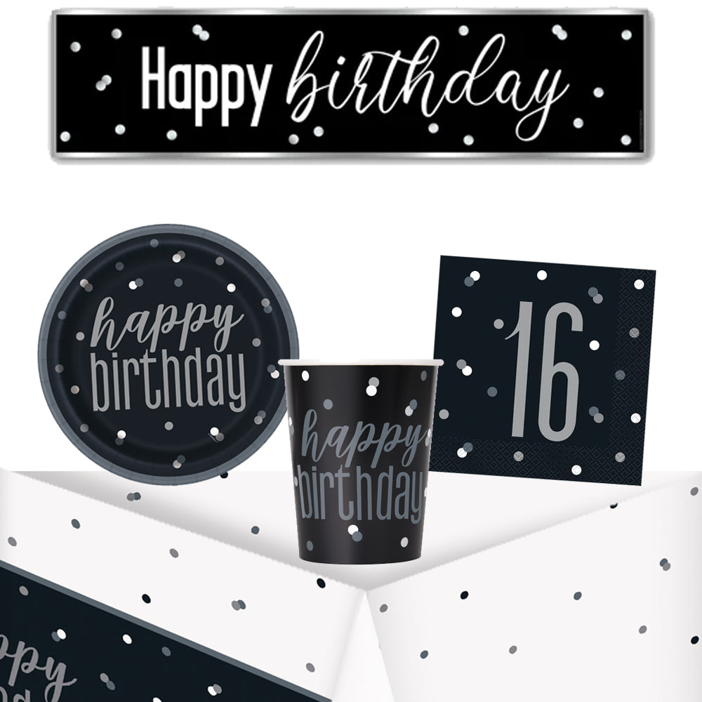 16th Birthday Black and Silver Glitz Tableware Pack for 8 with FREE Banner!