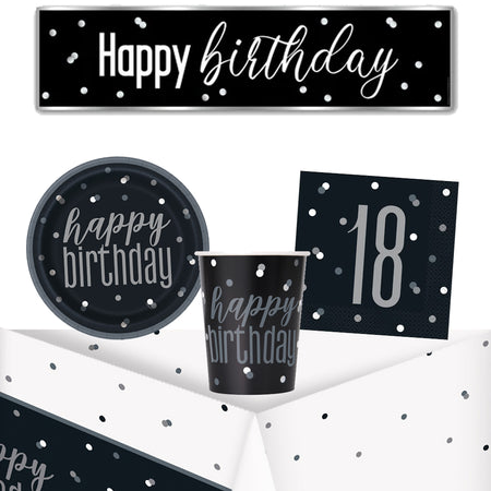 18th Birthday Black and Silver Glitz Tableware Pack for 8 with FREE Banner!