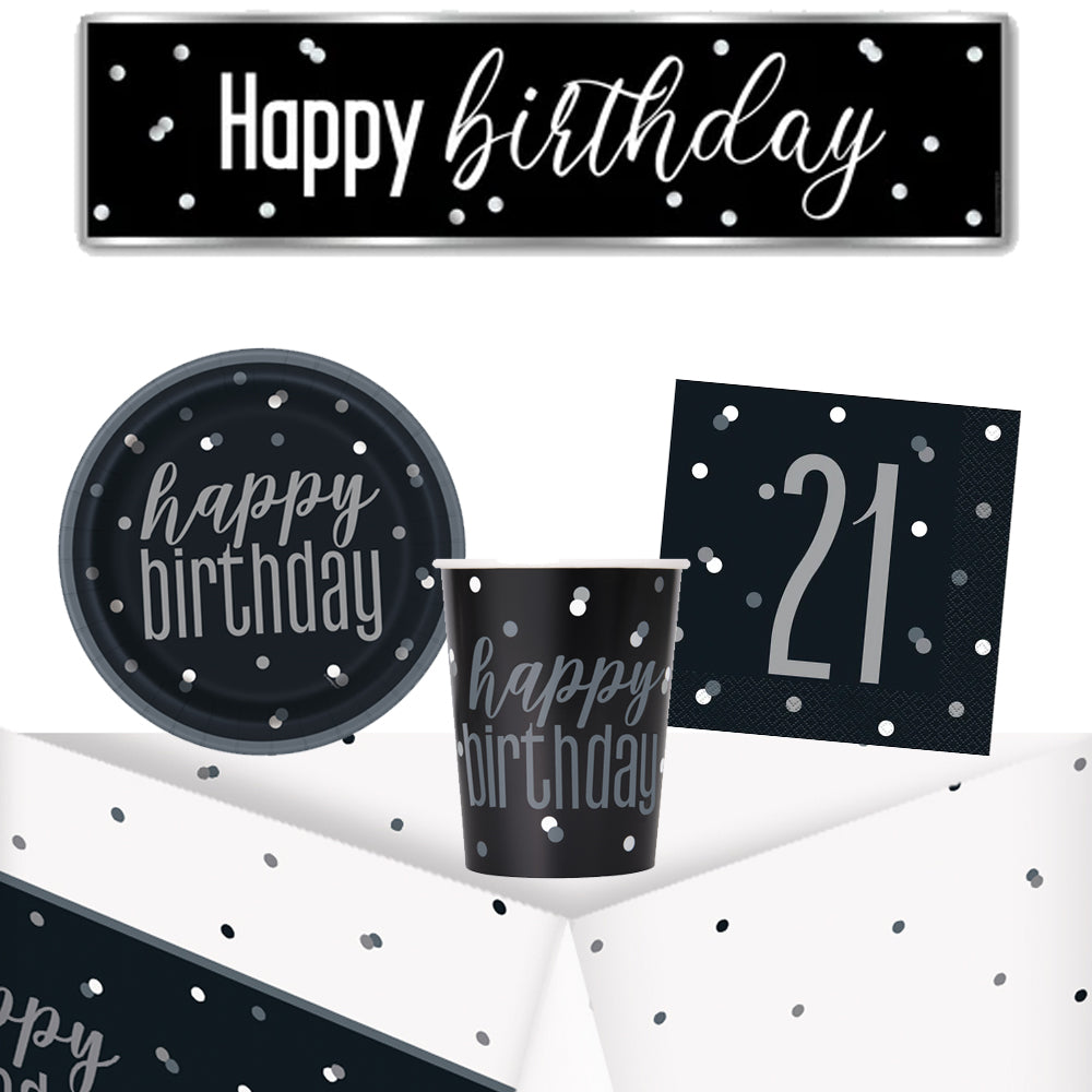 21st Birthday Black and Silver Glitz Tableware Pack for 8 with FREE Banner!